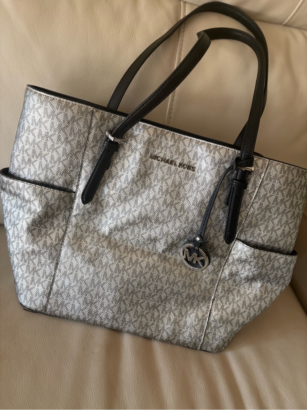 Michael Kors Silver Metallic MK Logo Tote with Black Handles